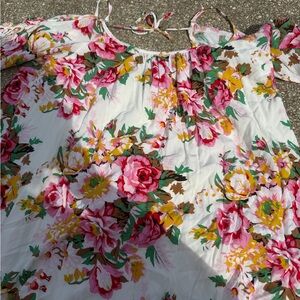 Umgee Floral Off-Shoulder Dress in White with Pink, Yellow & Green Accents